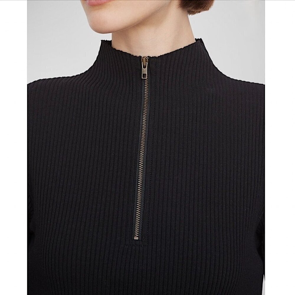 VINCE Ribbed 3/4 Sleeve Half Zip Cotton Blend Sweater - Picture 2 of 10